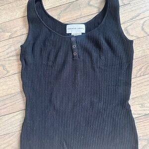 August Silk Black Ribbed Tank Top with Button Detail